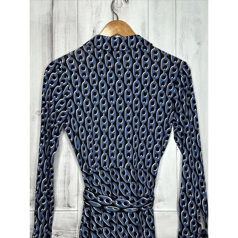 Boden Laura Shirt Dress 4P Petite Tencel Jersey Azure Blue Geo Chain Midi Belted - Picture 9 of 13